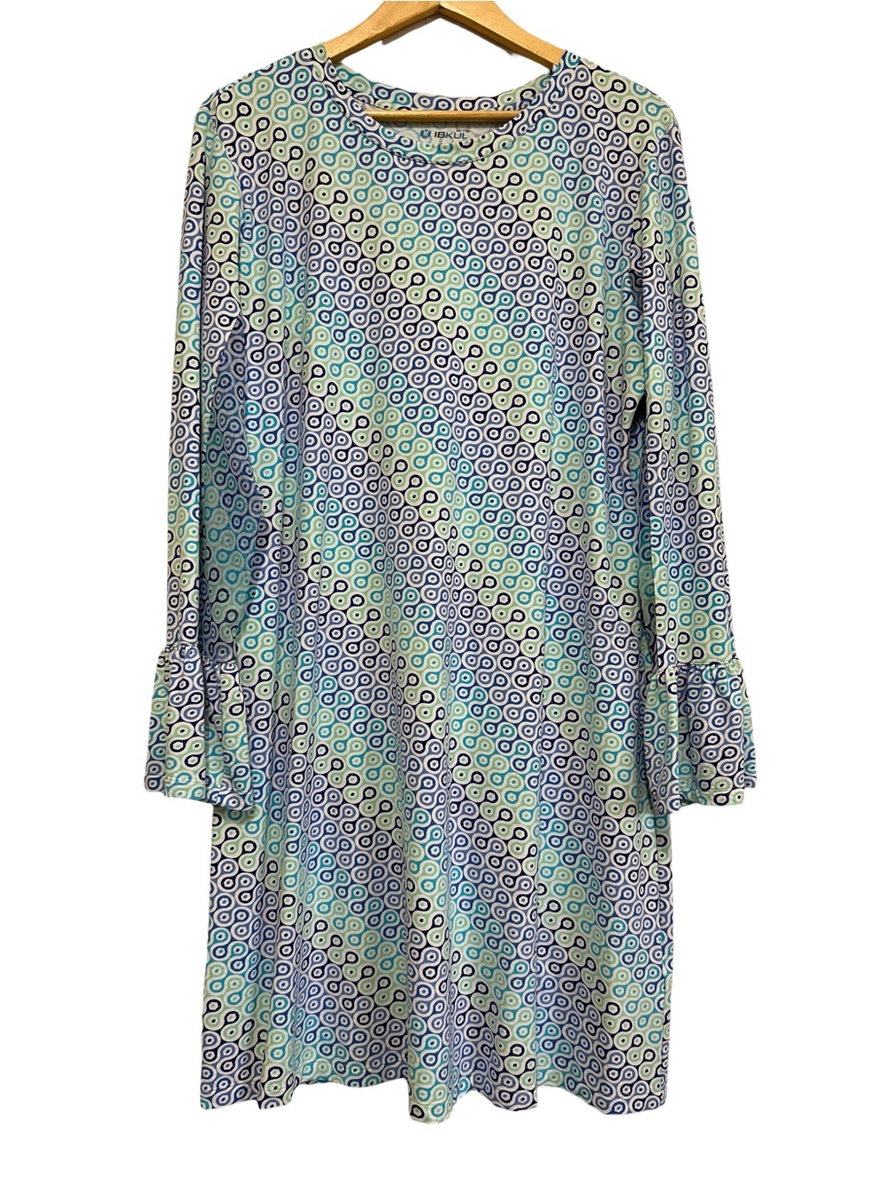 IBKUL Blue/Aqua Geometric Long Bell Sleeve Shift Dress Mesh Detail UPF 50+ Sz XL